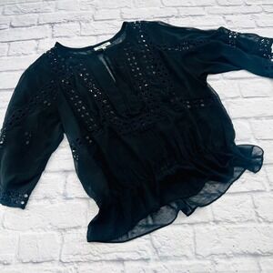Daniel Rainn Black Sheer Lace Boho Peasant Blouse Top Womens Medium 3/4 Sleeve